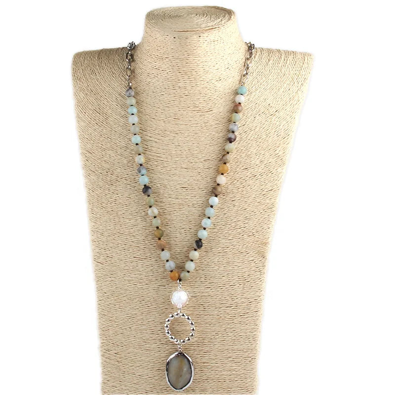 Women Ethnic Jewelry 8MM Half Natural Stone Half Alloy Chain NecklaceGlass Ball Circle Connect Faced Stone Charm Necklace