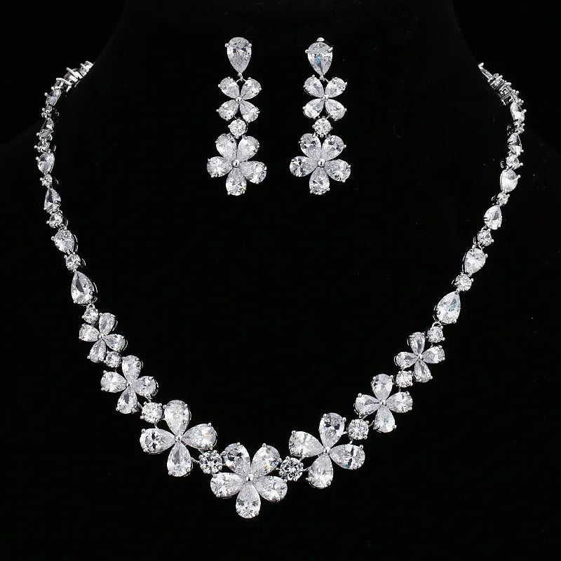 New Arrival 2pcs Bridal Jewelry Set Wedding Necklace Earring Set Design Flower Zircon Jewelry Set for Women Girls