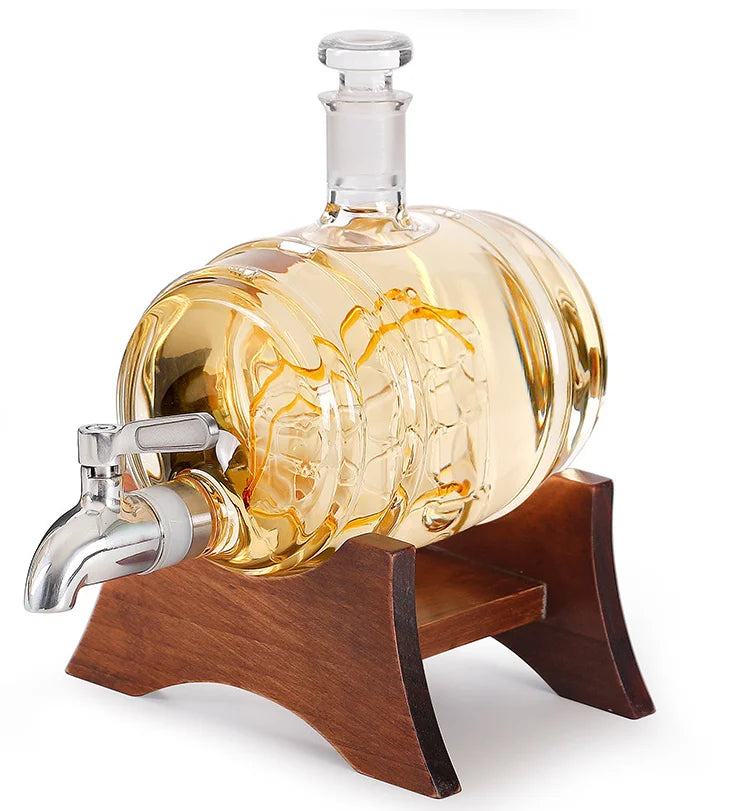2022 Hot Sale Whiskey Glass Decanter Mouth Blown Barrel Decanter Set Whiskey Containers with Wood Base and Whiskey Glass