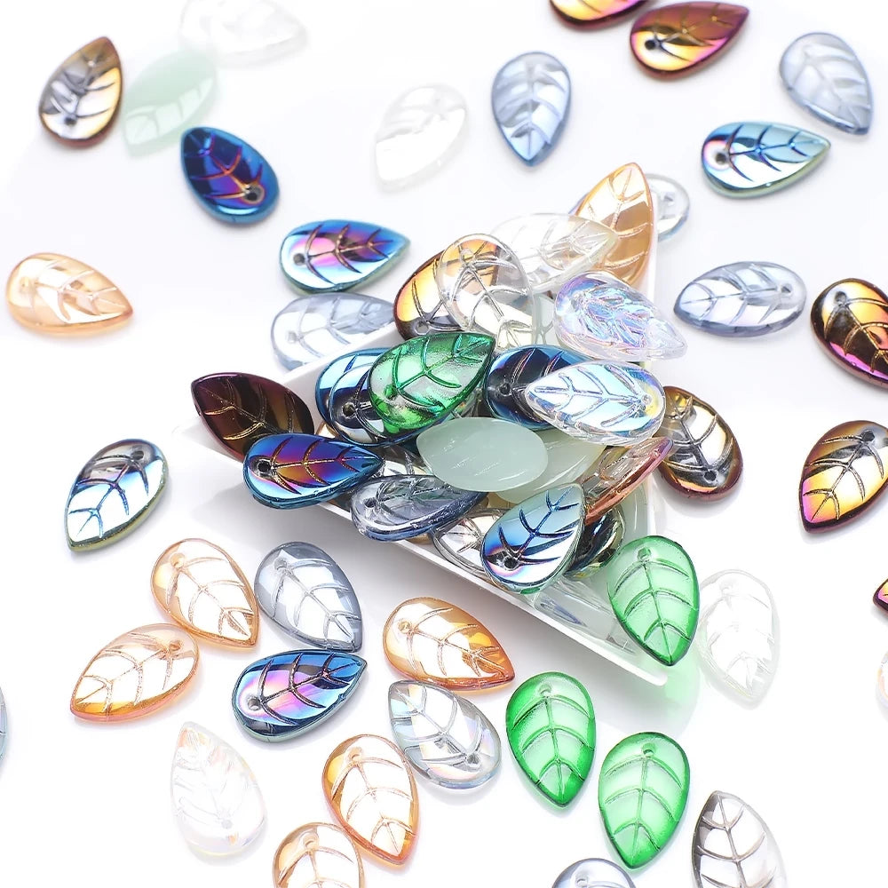 Zhubi 10X18MM Oval Leaf Shape Pendant Glass Beads for Jewelry Making Visual Colorful Crystal Leaf Beads for DIY Making Crafts