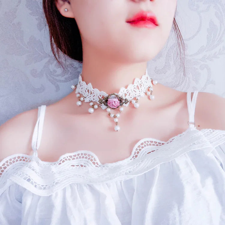 Gothic White Lace Choker Necklace Retro Lolita Accessories Sweet Pearl Necklace Rose Choker Necklace for Women