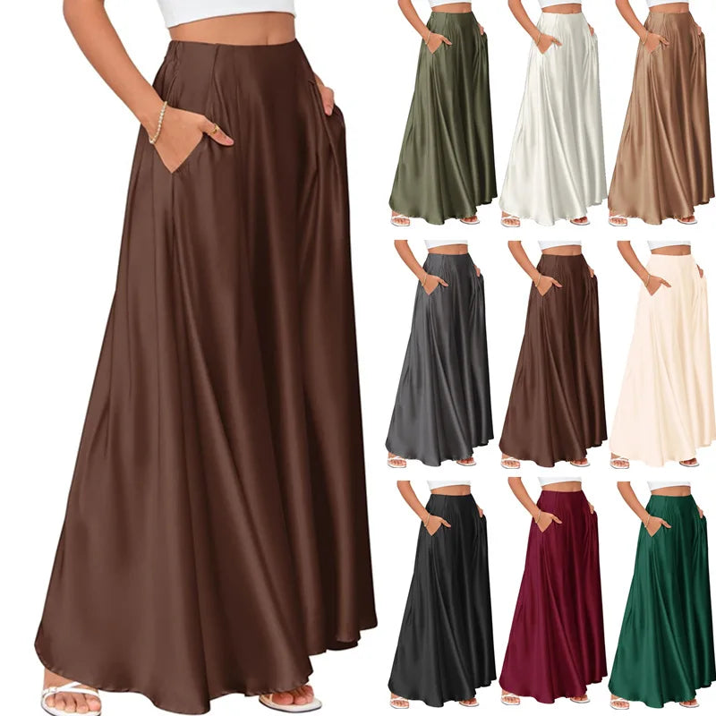 Elegant Silky Satin Maxi Skirts Women Dressy High Waist a Line Flowy Long Skirt With Pockets Casual Solid Holiday Party Faldas