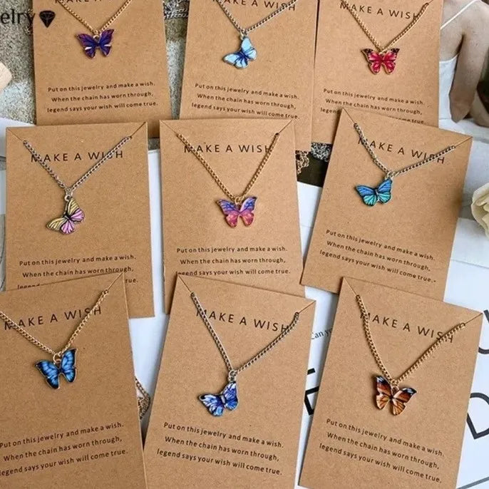 Korean Fashion Cute Multi-Colors Butterfly Make a Wish Necklace Pendant Chain Jewelry for Women