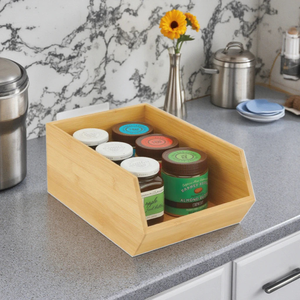 Ownswing Large Bamboo Kitchen Storage Basket Multi-Functional Toy Books and Food Spice Organizer Stackable Wood Storage Box