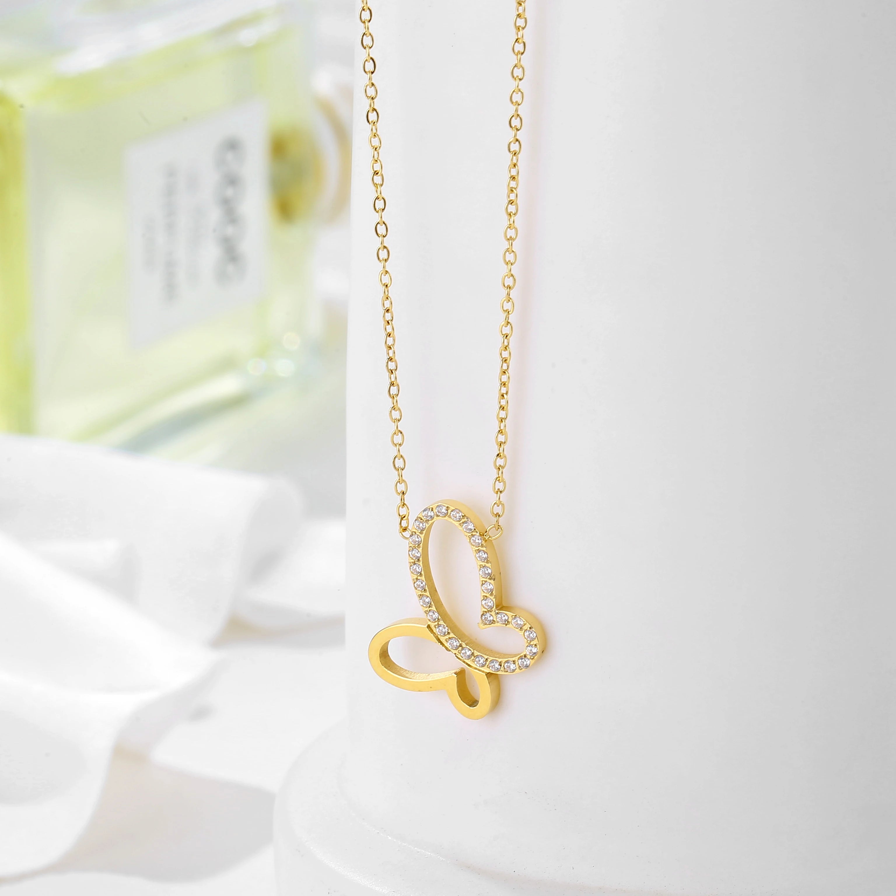 Waterproof Jewelry Charm Delicate Stainless Steel Chain Pendant Necklace Cubic Zircon Butterfly Necklace Women Valentine Gift