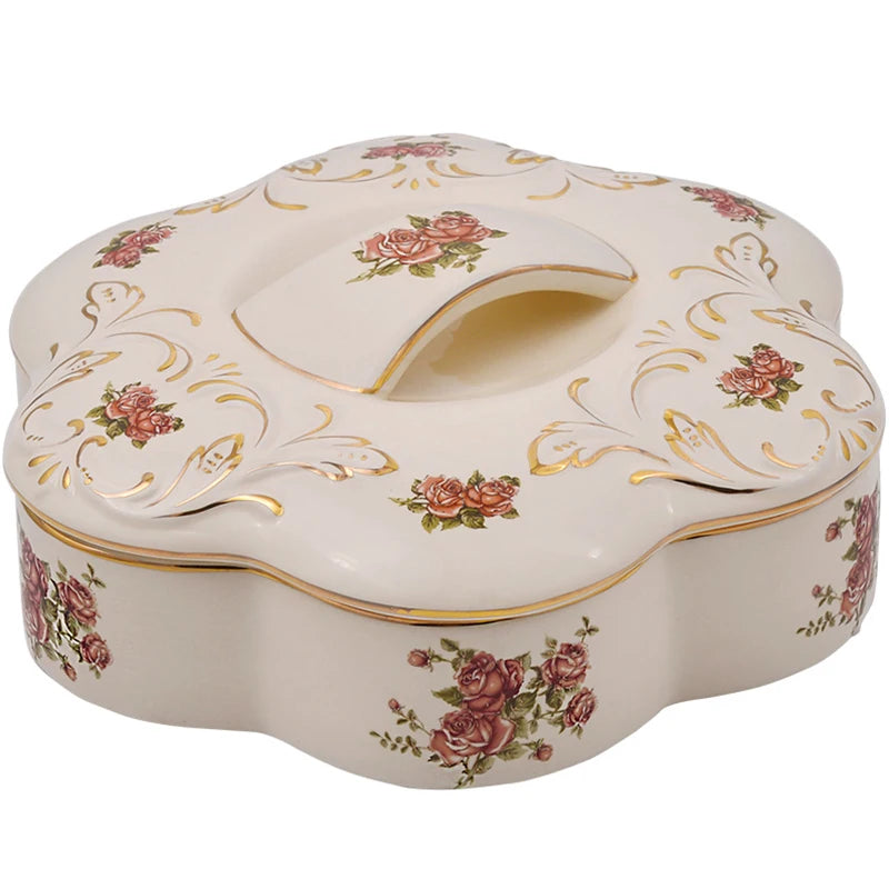 European Ceramic Creative Fashion Dried Fruit Box Plate Division Grid with Lid Household Wedding Nuts Candy Snack Box Plate Gift