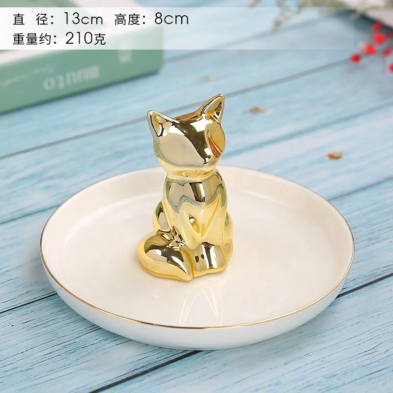 Creative Design 3d Golden Animal Pattern Ceramic Trinket Dish Antler Cat Dog fox Pineapple Cactus Jewelry Dish Tray