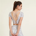 Fashion Cross Straps Seamless Activewear Yoga Short Sleeve Crop Tops Camo Workout Sports Fitness Crop Shirt With Pads