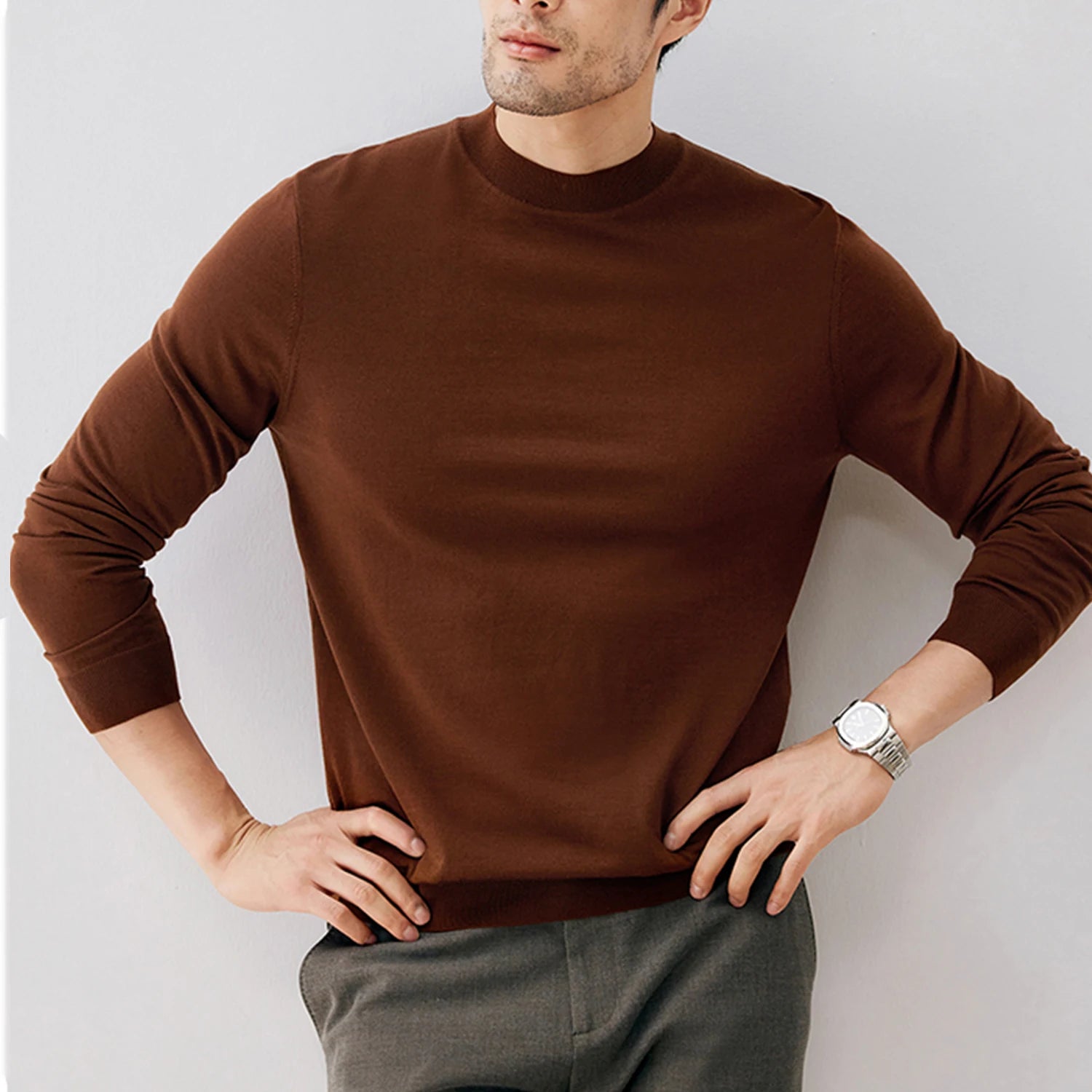 OEM Men Crew Neck Thick Soft Thermal Plain Fleece Knitwear Jumper Custom Men Round Neck Heavy Merino Wool Cashmere Knit Sweater