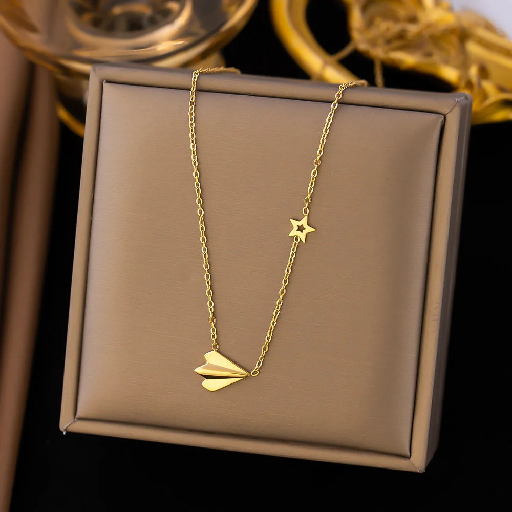 Fashion INS Style 18k Gold-plated Airplane Star Pendant Stainless Steel Necklaces Wholesale