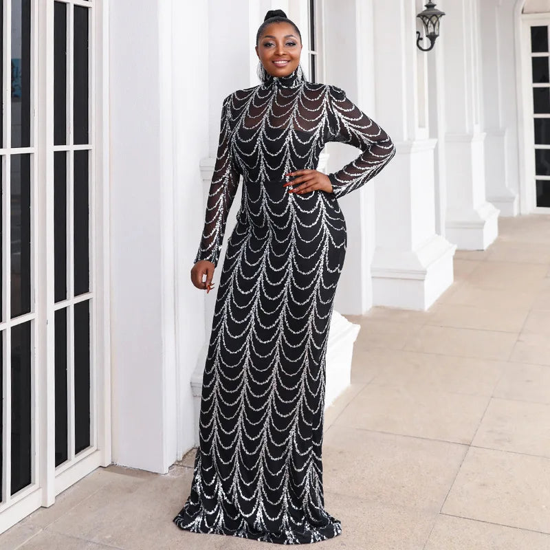 Black Long Casual Dress Women Club Outfit Women Dress Elegant Off Shoulder Colorful Printed Stripe Bodycon Plus Size Dress