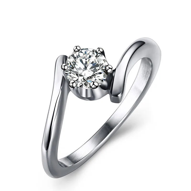 Minimalist Korean Designer Stainless Steel White CZ Diamond Micro Paved Engagement Ring for Women Elegant Jewelry RC-024
