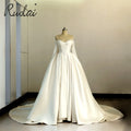 Ruolai ZD05213 Cathedral Train Corset Detachable Train Long Lace Sleeve Mikado Bridal Dress Wedding Gowns