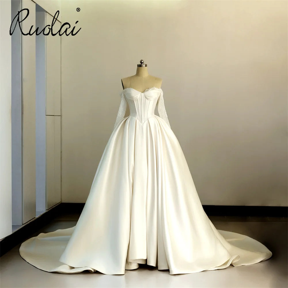 Ruolai ZD05213 Cathedral Train Corset Detachable Train Long Lace Sleeve Mikado Bridal Dress Wedding Gowns