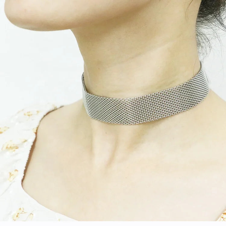 Fashion Jewelry Simple Plated Gold Adjustable Stainless Steel Wide Mesh Choker Necklace