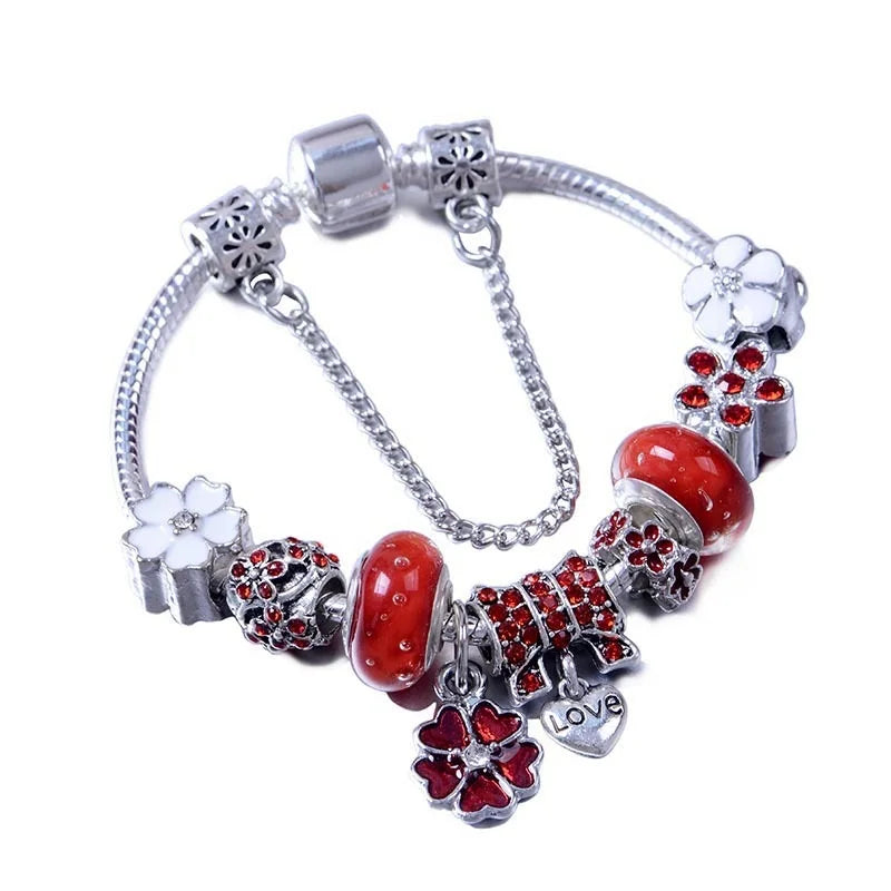 Fashion Vintage Silver Color Charms Bracelets DIY Crystal Beads Brand Bracelets Women Jewelry Pulseira