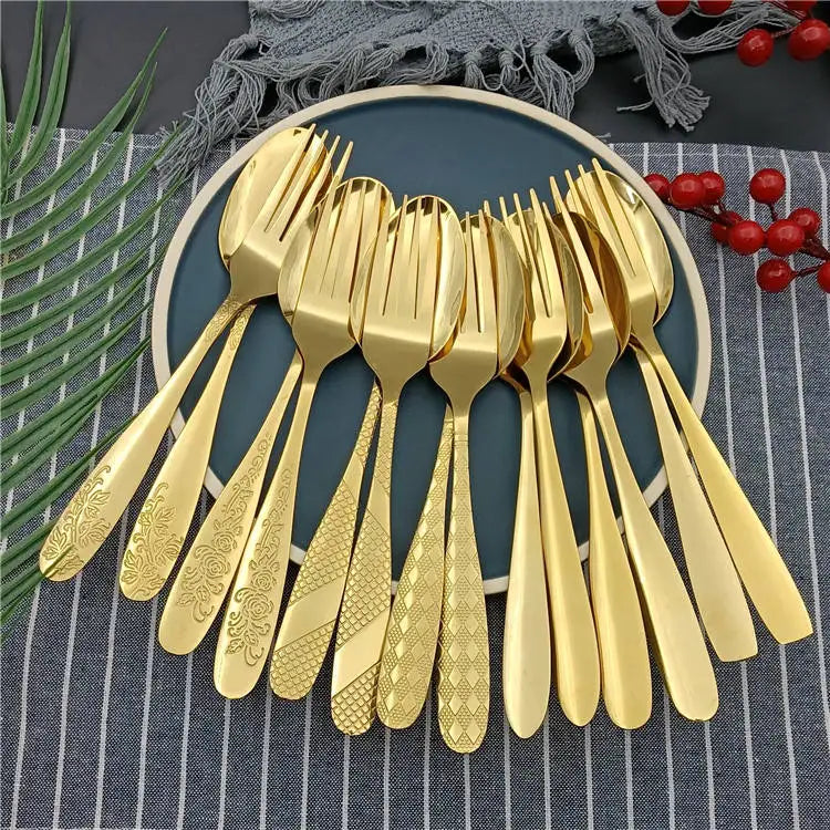 2022 New Product Jieyang  Stainless Steel Forks and Spoons Flatware Set Gold Cutlery Spoon and Fork