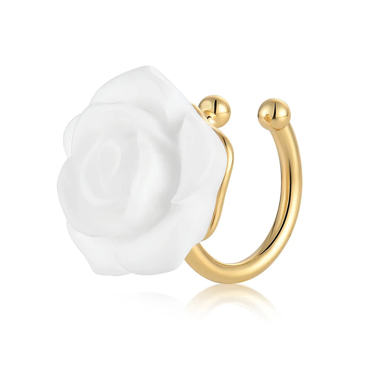Camellia Series 925 Silver Girls 18K Gold Plated White Rose Flower Ear Cuff Clip on Earring No Piercing Jewelry for Women