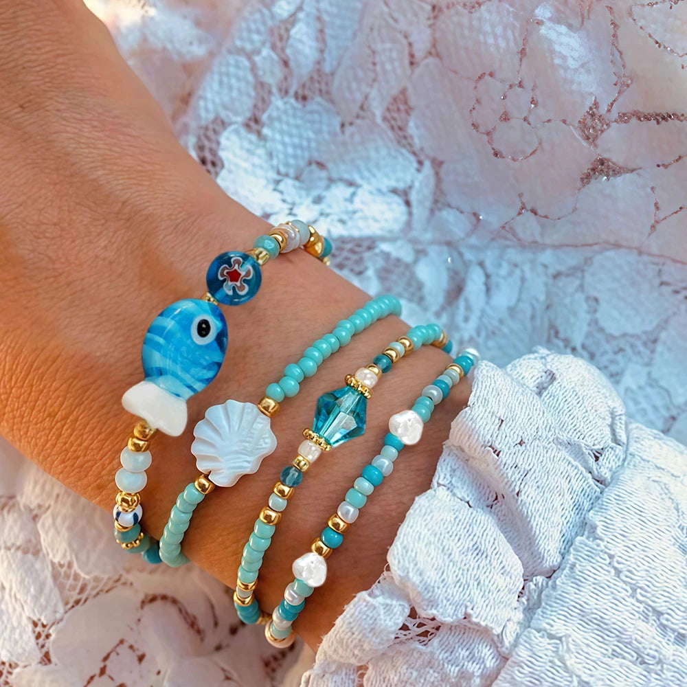 Go2boho Bohemian Style Crystal Shell and Fish Bead Bracelet Set Handmade Evil Eyes Ocean-Inspired Jewelry for Women