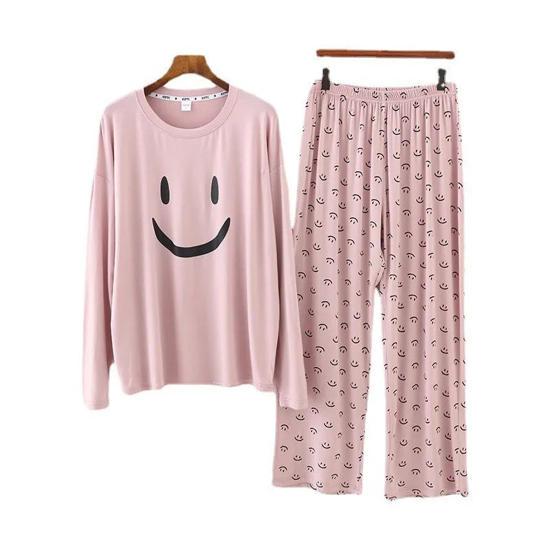 Women Soft Viscose Pajamas Smile Face Printing Wholesale Light Jersey Women Sleepwear Customized