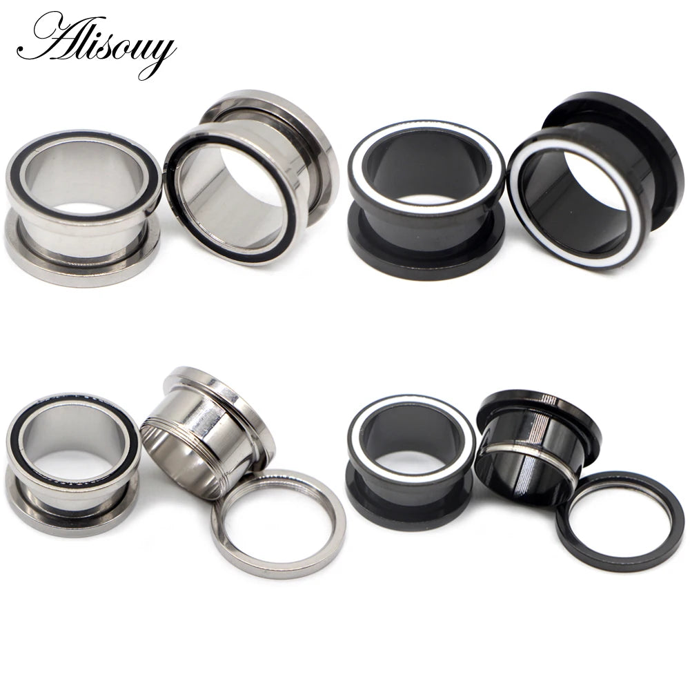 Alisouy 2pcs Stainless Steel Ear Plugs Tunnels Pulley White Line Screw Extender Stretcher Fashion Piercing Body Wedding Gift
