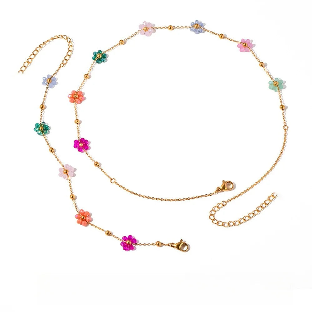 18k Gold Colorful Flower Women Bracelets Jewelry Stainless Steel Resin Daisy Beaded Bracelet Necklace