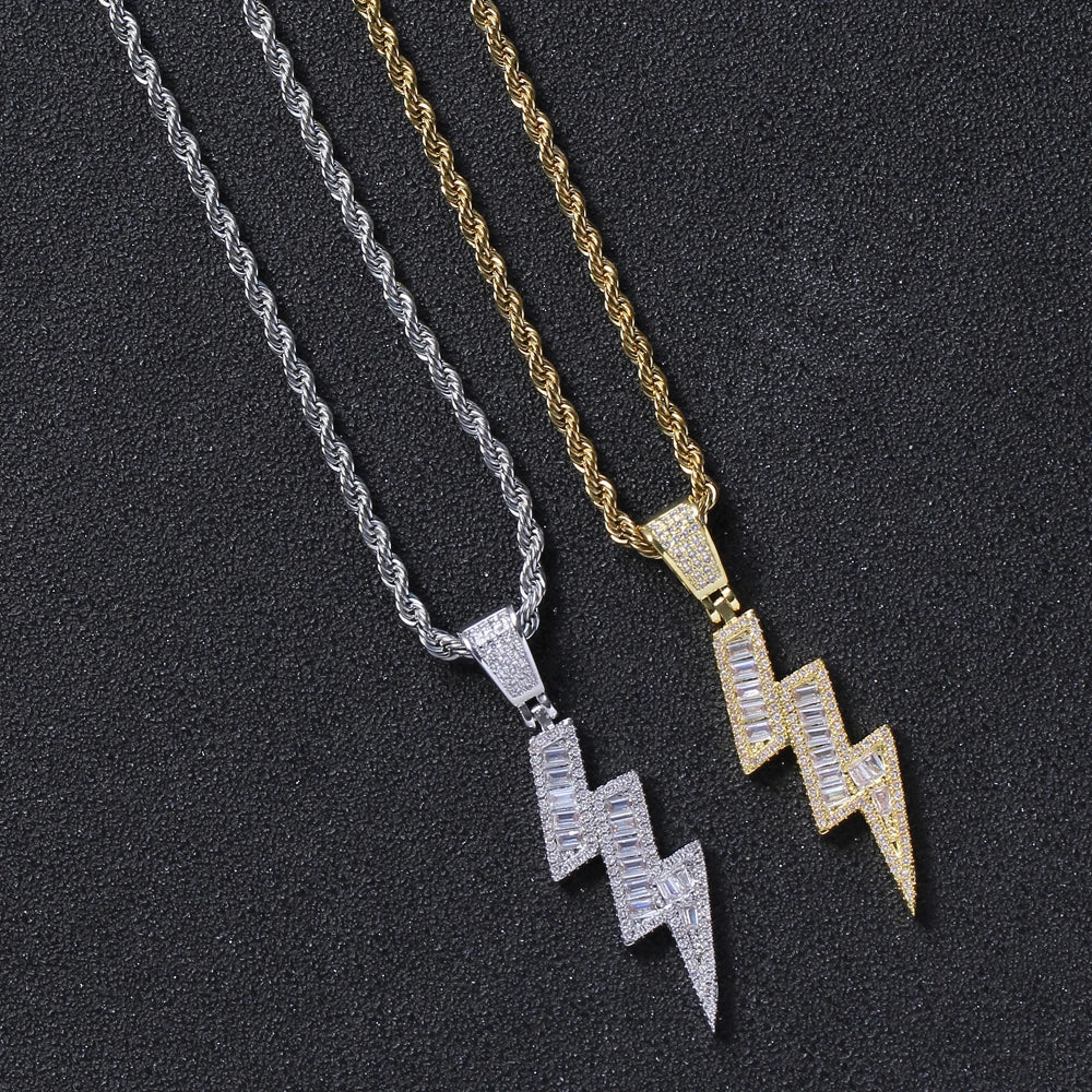 CN236 Sparkling Cz Gold/Silver Plated Brass Lightning Bolt Pendant Rope Chain Hip Hop Jewelry Necklace for Unisex Party Gift MegaBDM