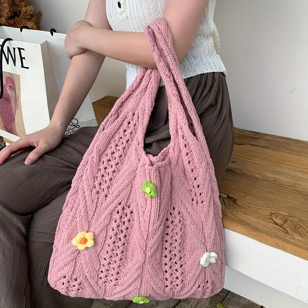 Spring SUmmer Flower Decor Knitted Tote Bag Aesthetic Hollow Wool Crochet Bag Handsew Woven Flowers Shoulder Bag for Women