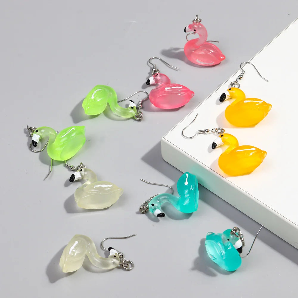 Fashion Jewelry Colorful Flamingo Luminous Swan Cute 3D Pendant Jewelry Clear Resin Sweet Girl Gift Acrylic Drop Earrings Women