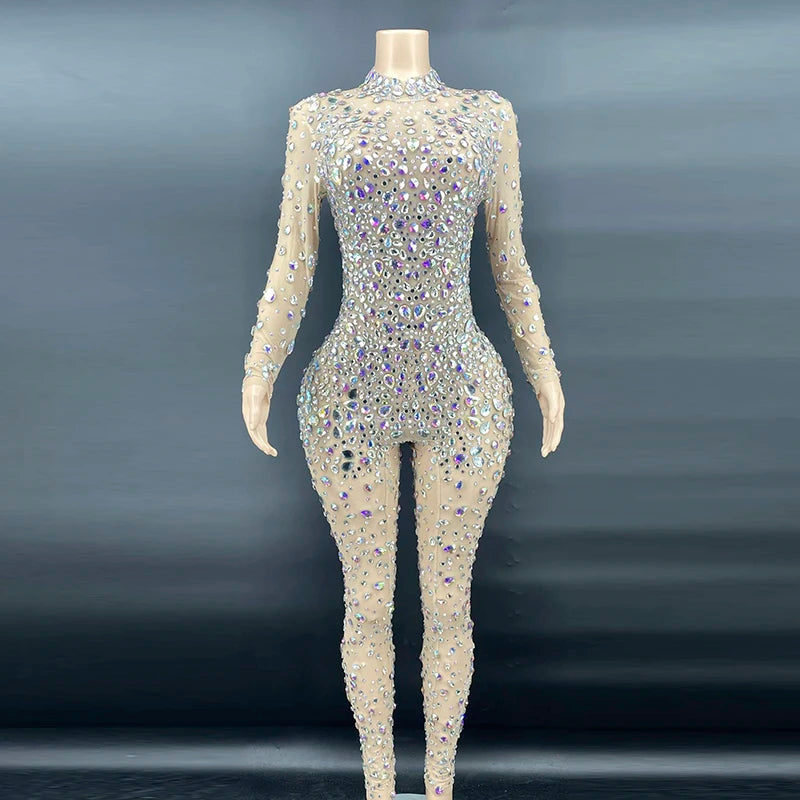 2022 Stage Fashon Show One Piece Jumpsuit Sparkle Diamond Ladies Full Body Rhinestone Bodysuit Jumpsuit Celebrity Outfit