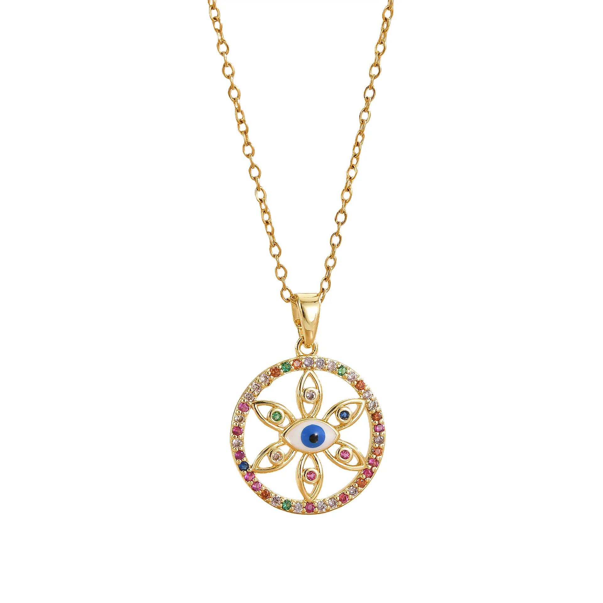 18K Gold Plated Hot Sale Colorful Evil Eye Zircon Necklace Wholesale