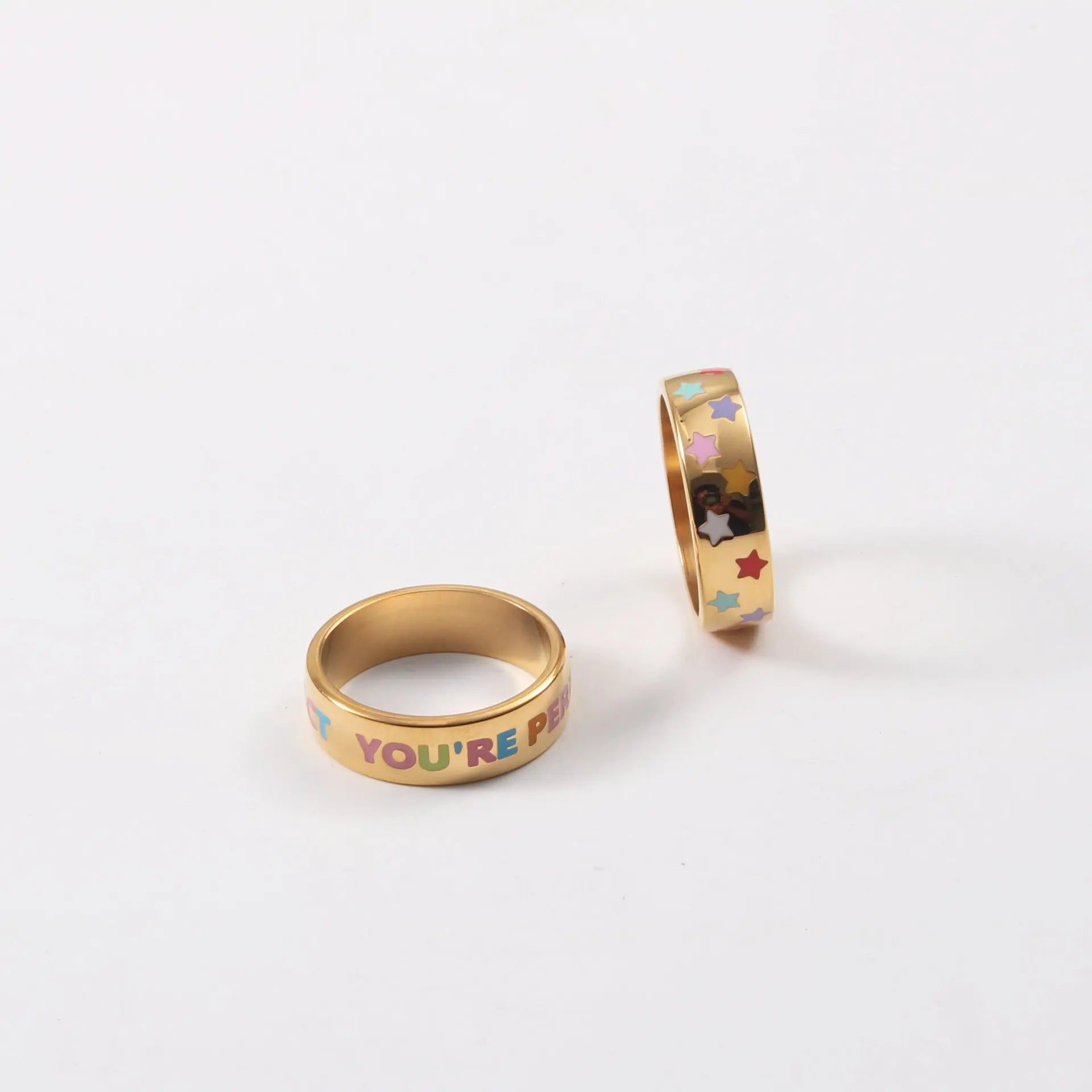 High End 18K Gold Plated Colorful You Are Perfect Pentastar Enamel Stainless Steel Rings for Women Tarnish Free Jewelry