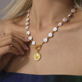 Fashion 18K Gold Plated Stainless Steel Freshwater Pearl Mythology Medusa Character  OT Clasp Pendant Necklace