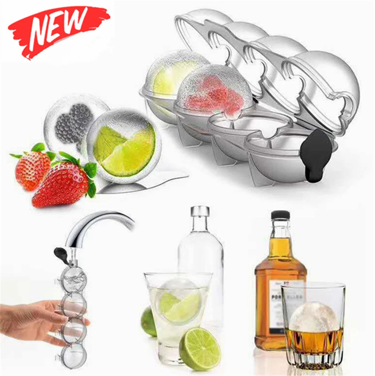 4 Large Ice Balls Maker Round Sphere Tray Mold Cube Ice Ball Silicone DIY Mould