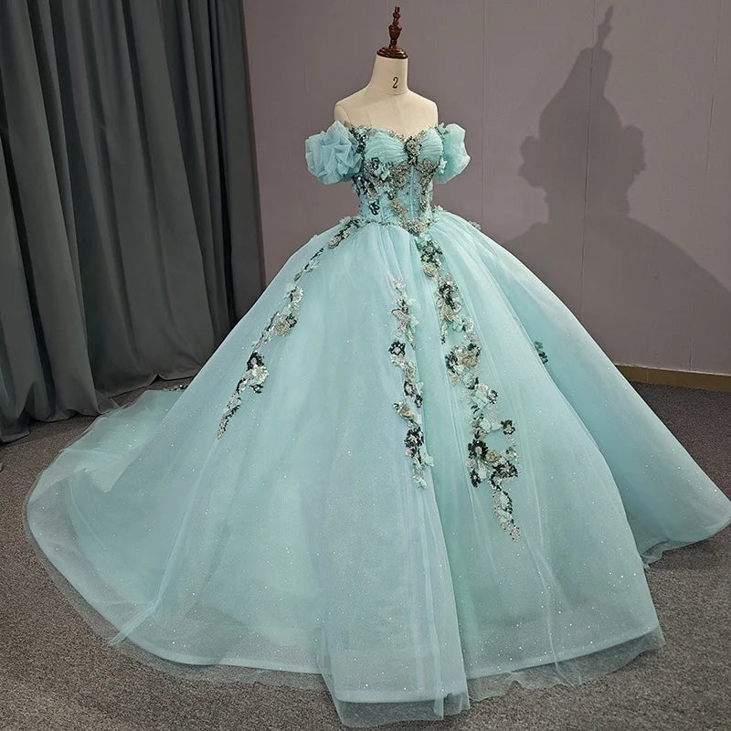 Jancember 6615 Minit Green Ruched Appliqued Flower Evening Party Quinceanera Dresses