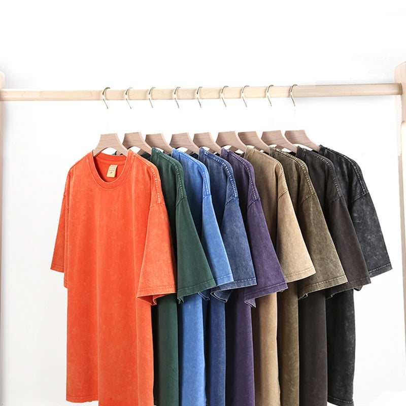Streetwear Vintage Washed Short Sleeve T Shirt Hombre 300 GSM 100% Cotton Combed Cotton Men's T-Shirt