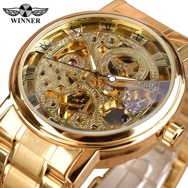 Winner Luxury Royal Carving Golden Stainless Steel Mens Mechanical Wrist Watch Top New Luxury Skeleton Male Clock Montre Homme