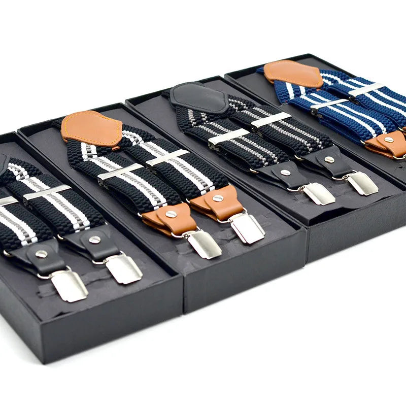 Men's Leather PU and Polyester Suit Pants with 4 Adjustable Metal Clips Elastic Waist Suspenders