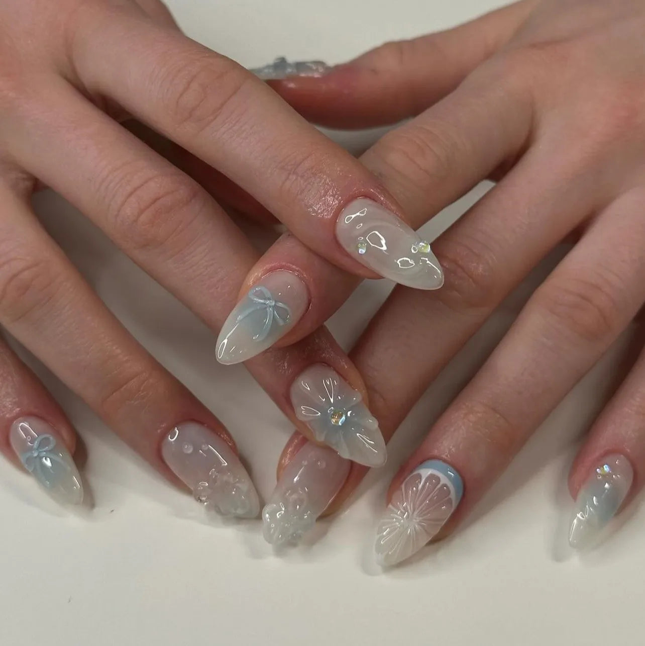 24 Pcs 3D French Blue Ombre Bow Lemon Nail Art Acrylic Press on Nails Artificial Fingernails Customize False Nails 3425