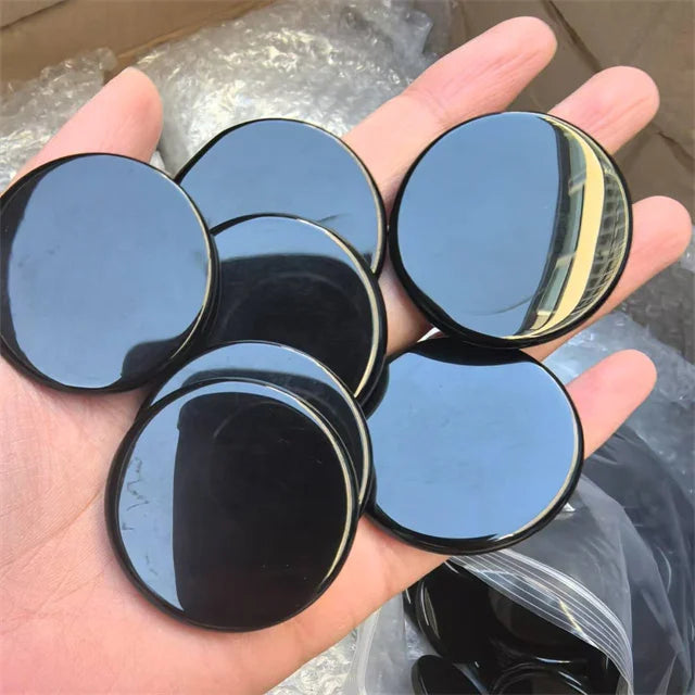 Wholesale Cheap 40mm Polished Round Shaped Natur Black Obsidian Crystal Carved Coins for DIY