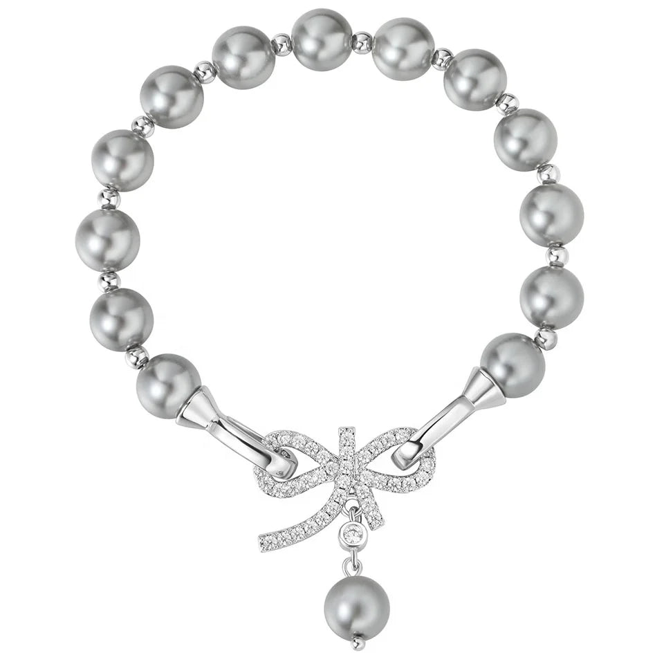 2024 New Exquisite Bow Brass Electroplated Platinum Bead Gray Pearl Bracelet for Women Jewelry Customized