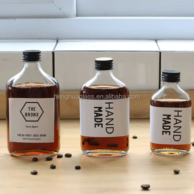 50ml 100ml 200ml 250ml 350ml 500ml Flat Glass Cold Brew Coffee Bottles Drink Juice Whiskey Gin Glass Bottle with Aluminum Cap