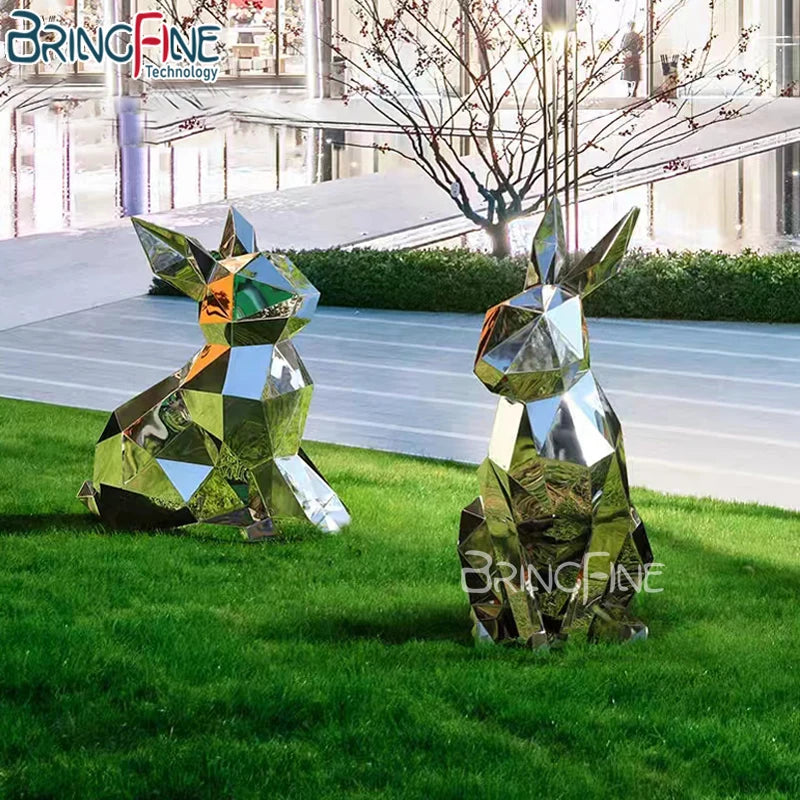 Outdoor Creative Metal Rabbit Animal Statue Modern Garden Stainless Steel Mirror Rabbit Sculpture Decoration