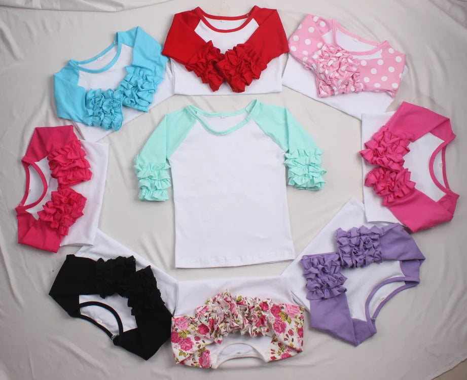 Monogram Blanks Multi Color Girl Raglan T-shirt  3 / 4 Sleeve Icing  Girls Ruffle Shirt Toddler Icing Ruffle Baseball Raglan