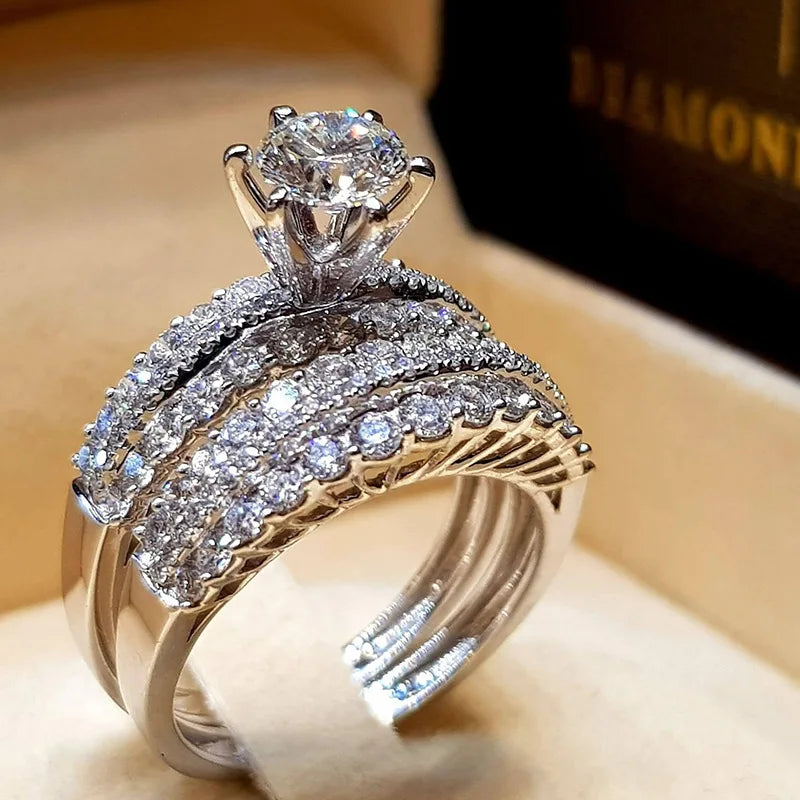 Brand New Wish Hotsale 2 Pcs/set Full Diamond Square Cubic Zircon Wedding Rhinestone Crystal Cz Engagement Ring for Women