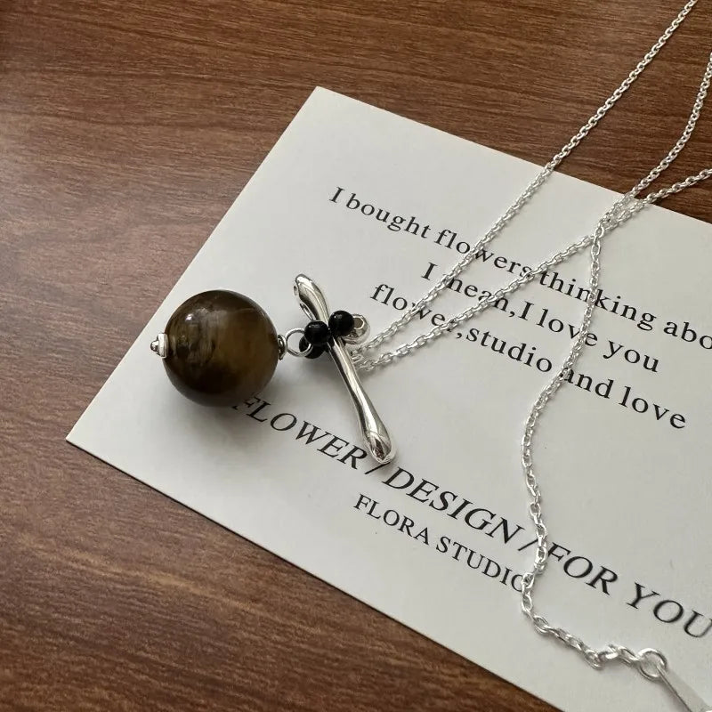 925 Sterling Silver Round Tiger Eye Stone Sweater Chain Pendant Necklace for Women Gifts Jewelry