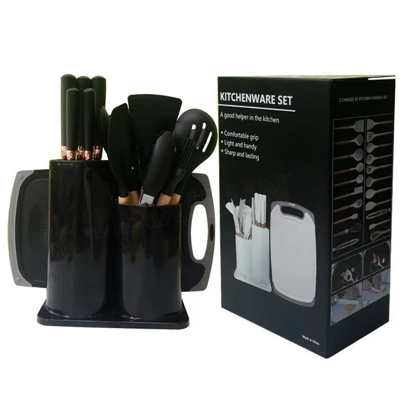 19-Piece Silicone Kitchen Utensil Set with Wooden Handle Funnel Shaped Knife Rhombic Storage Bucket and Custom Logo