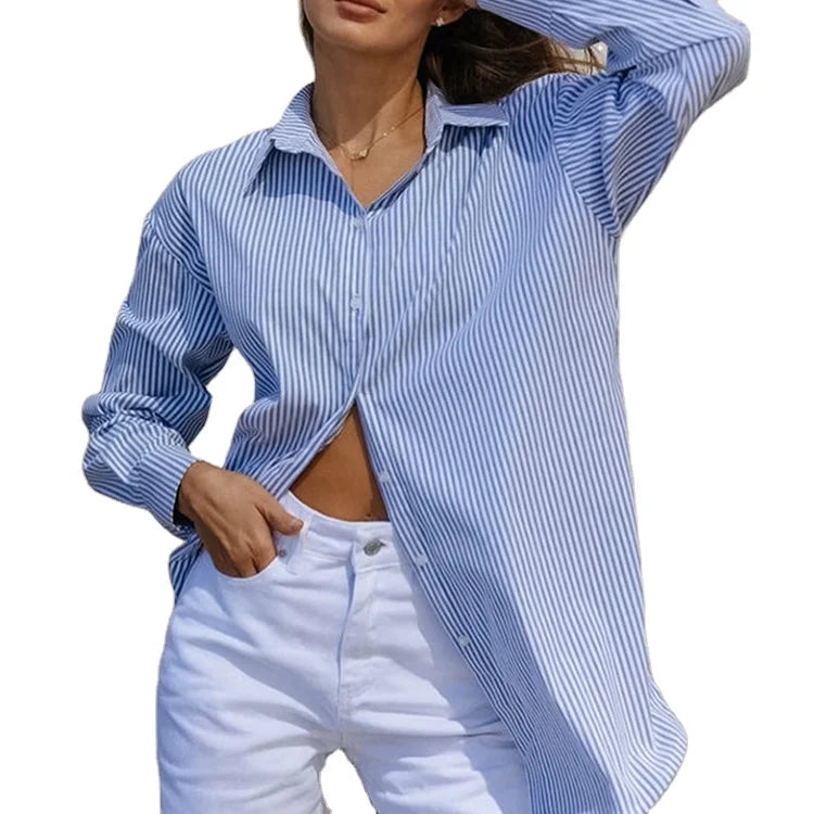 2025 Trendy Women's Oversize Poplin Cotton Shirt Factory Custom Button-Up with Turn Collar Long Sleeved Casual for Spring