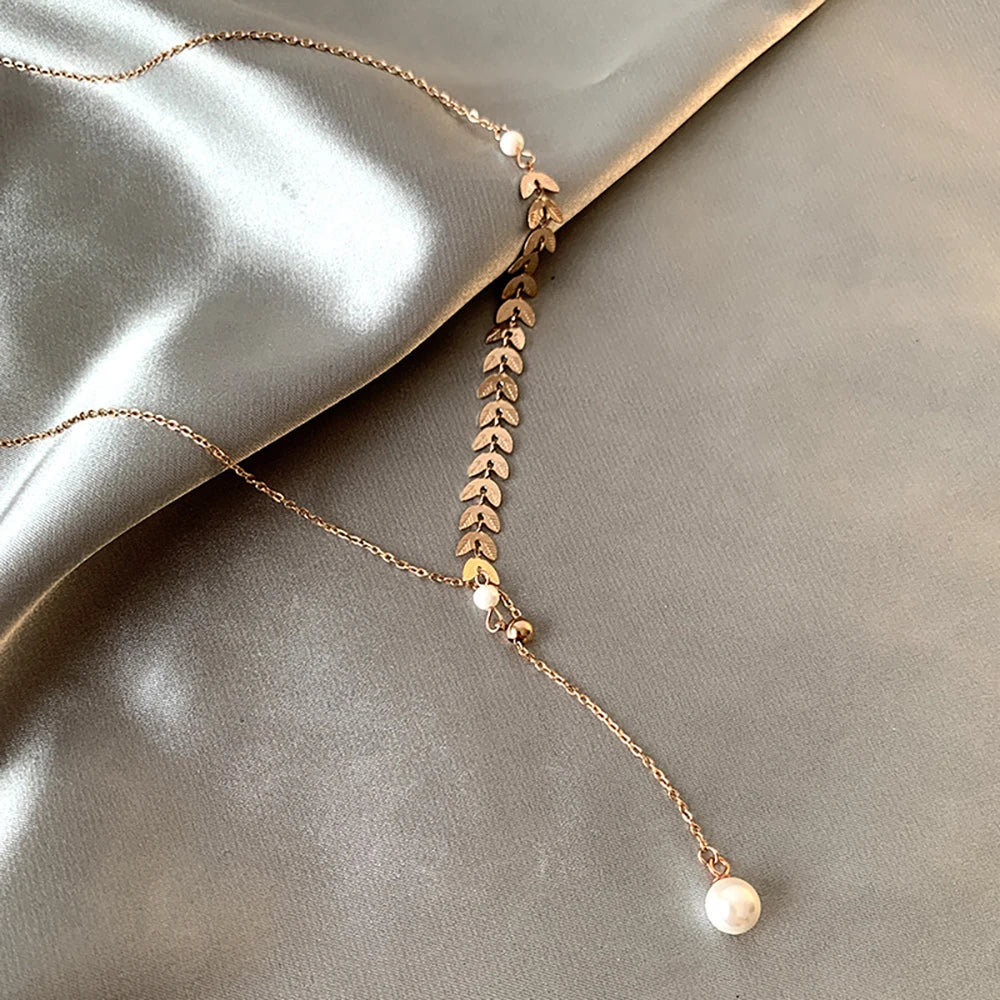 Trendy Jewelry Summer 2024 No Fade Adjustable Long Gold Plated Stainless Steel Women Leaf Pearl Pendant Necklace