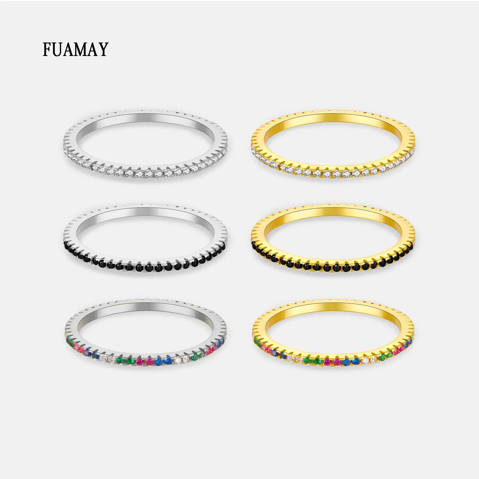 FUAMAY Dainty 1.3mm Rainbow Diamond Eternity Band Rings 18K Gold Plated 5A Cubic Zirconia Fine Jewelry Rings